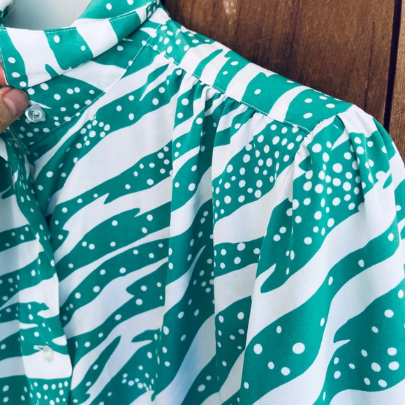 Hooper Associates Vintage 80s 90s Polka Dot Green Stripes Long Sleeve Blouse 16 - Picture 5 of 12
